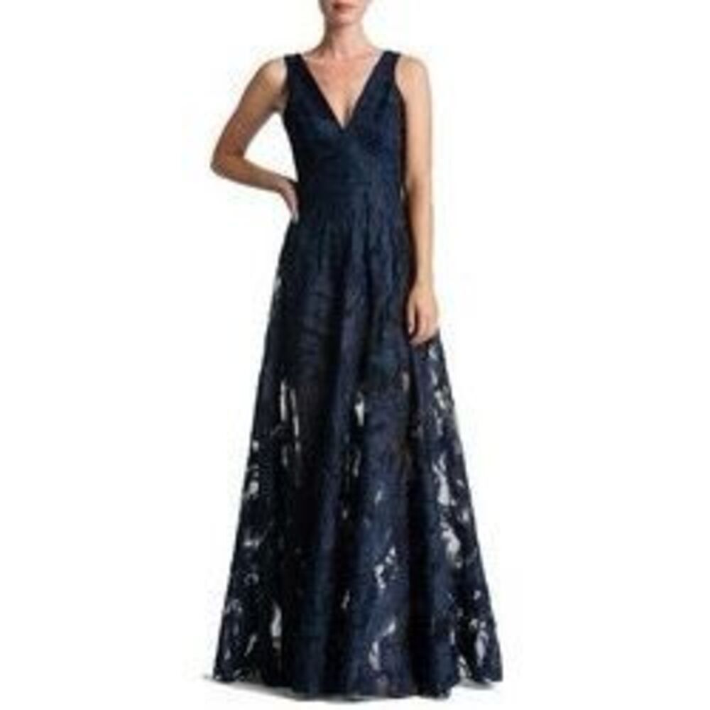 Dress the‎ Population Marlene Plunging Embroidered Mesh Maxi Dress Navy Size M